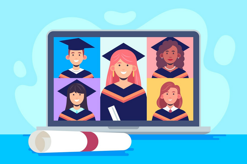 На экране ноутбука изображен виртуальный выпускной с пятью учениками в кепках и халатах.